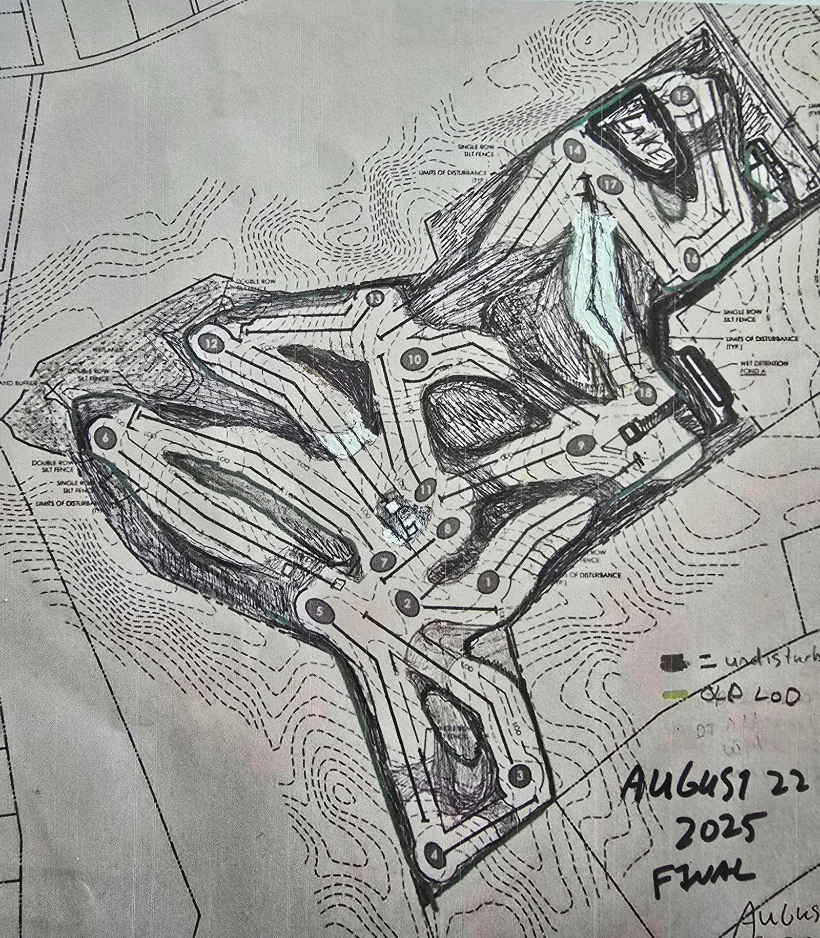 Hand-drawn routing plan for New Holland Golf Club's 18 holes, dated August 2025