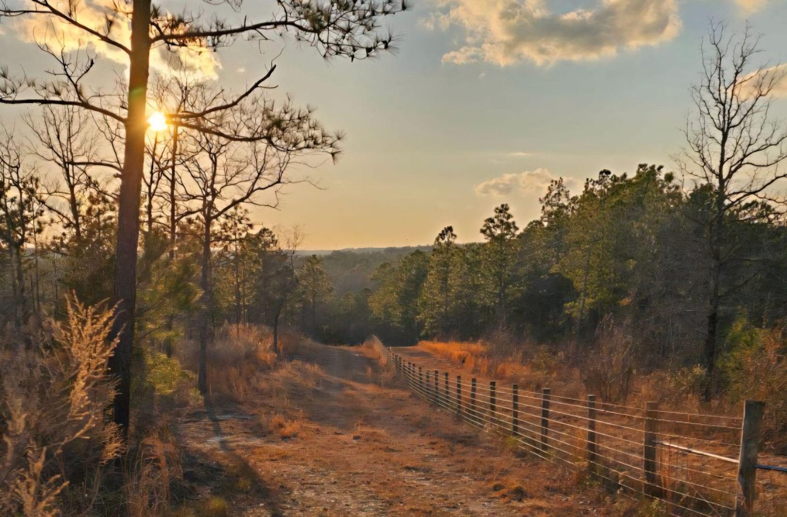 Fence line through the property at dusk